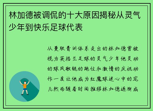 林加德被调侃的十大原因揭秘从灵气少年到快乐足球代表